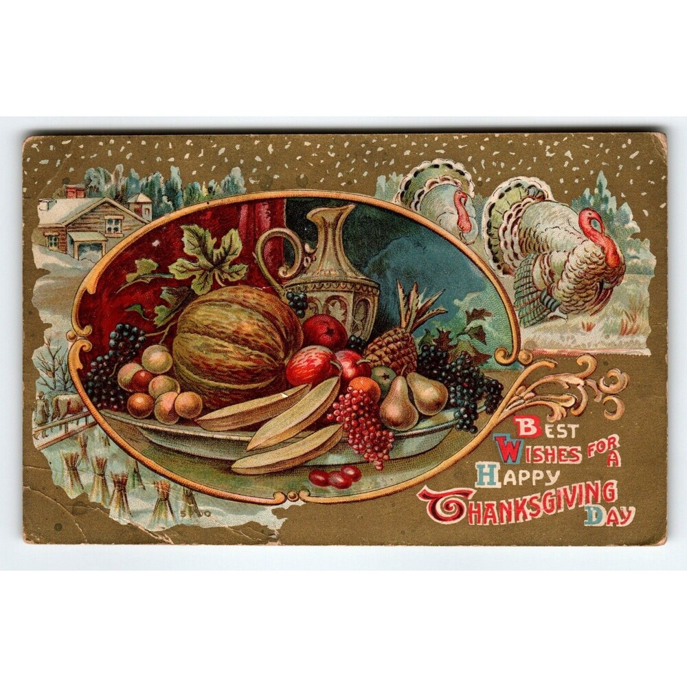 Thanksgiving Greetings Postcard Embossed Turkey Fruit Snow Village Holiday 1910